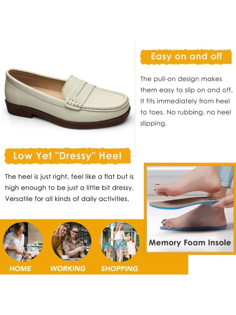 Women's Beige Leather Comfortable Penny Loafers Slip On Casual Walking Shoes